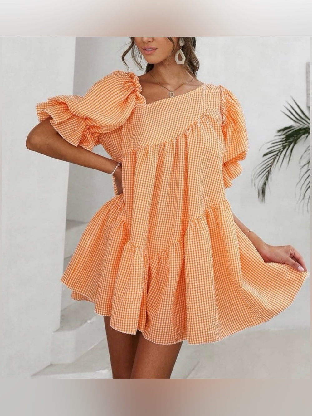 Women’s Orange Gingham Puff-Sleeve Tiered Mini Dress